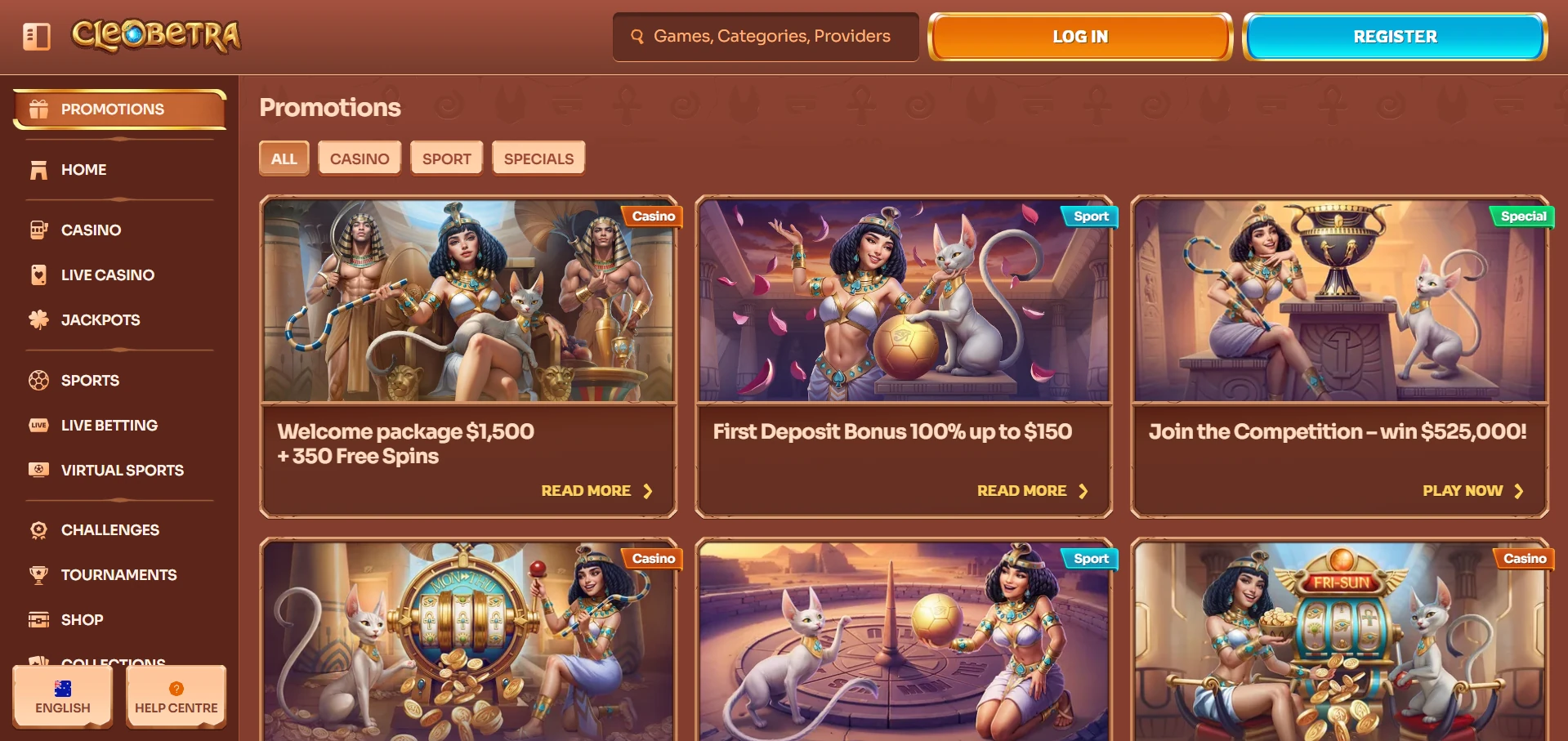 Cleobetra Promotions page with the Welcome package, First Deposit Bonus and competition tiles