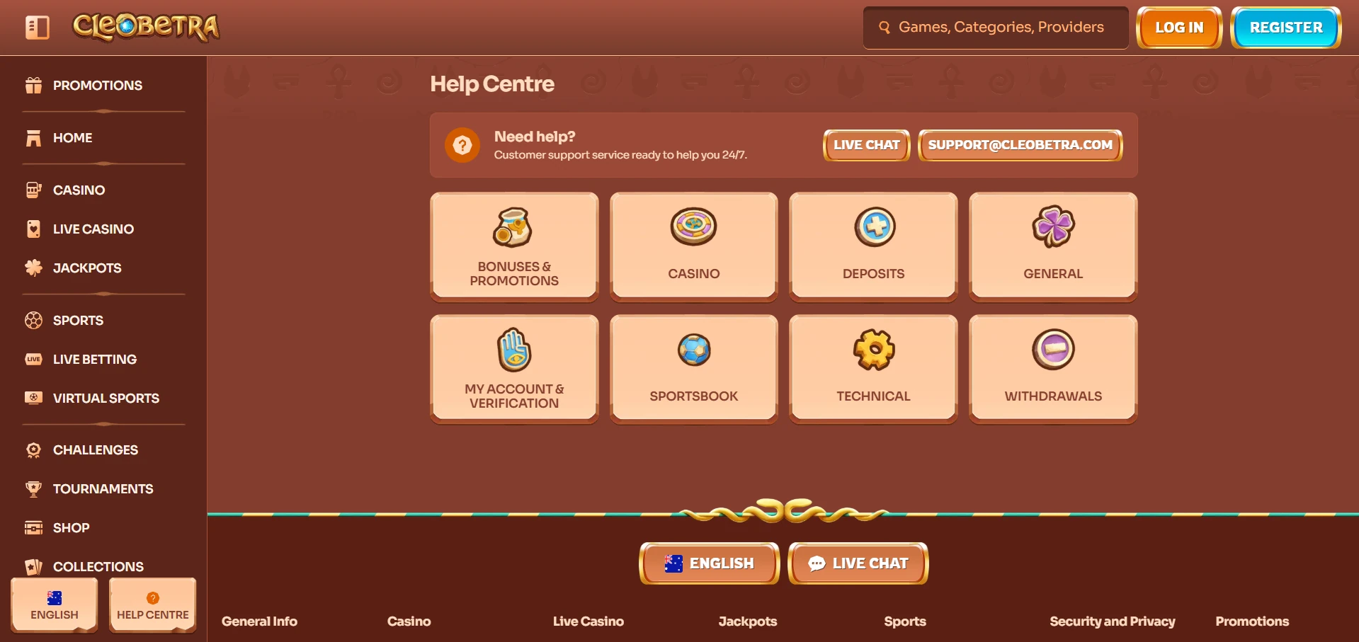 Cleobetra Help Centre with the Live Chat button, support e-mail and eight topic tiles