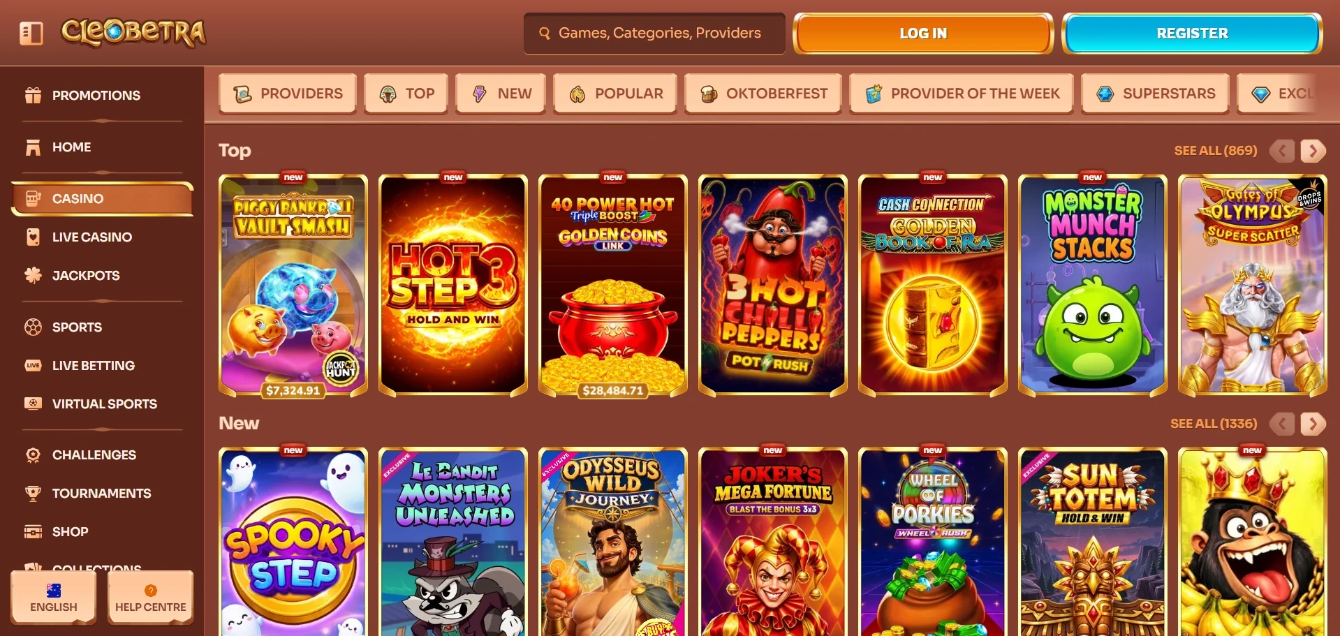 Cleobetra casino lobby with the Top and New rows of pokies and the filter bar above them
