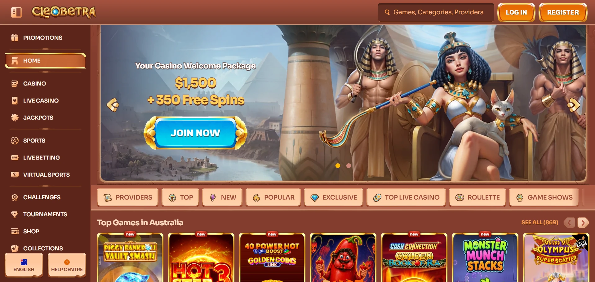 Cleobetra home page with the Welcome Package banner showing $1,500 + 350 Free Spins and a Join Now button