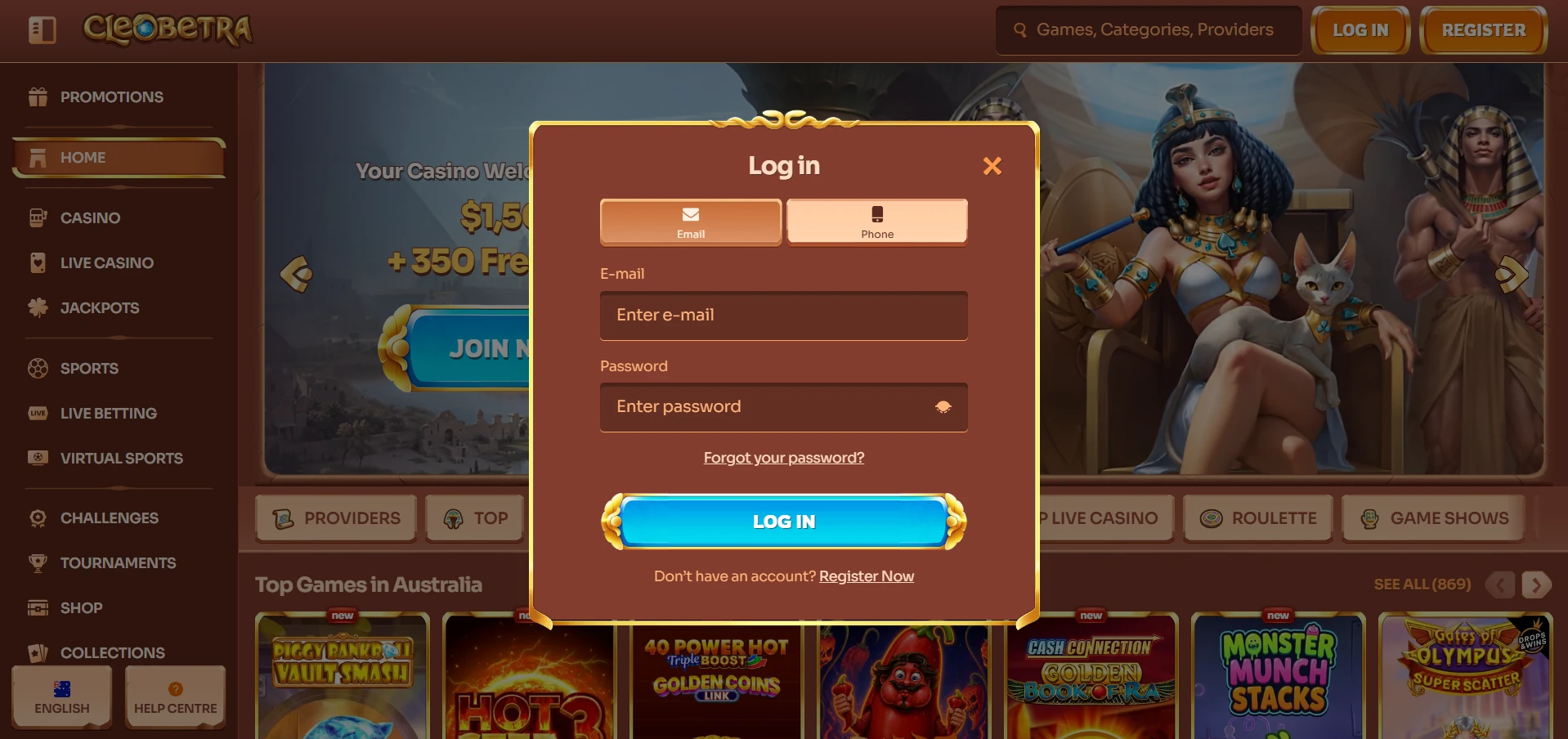 Cleobetra login pop-up with E-mail and Phone tabs, password field and Forgot your password link