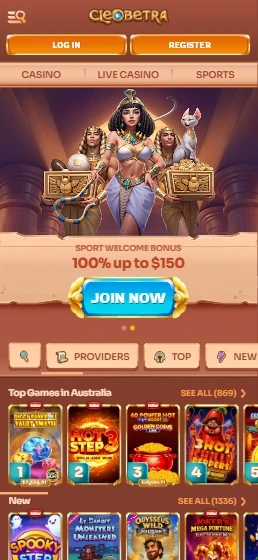 Cleobetra mobile home page with the Sport Welcome Bonus banner, Join Now button and Top Games in Australia row