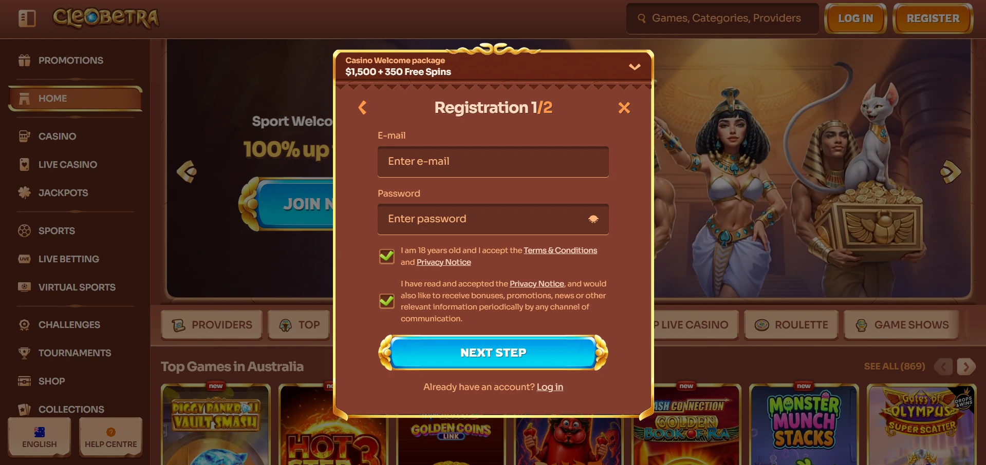 Cleobetra registration form, step 1 of 2